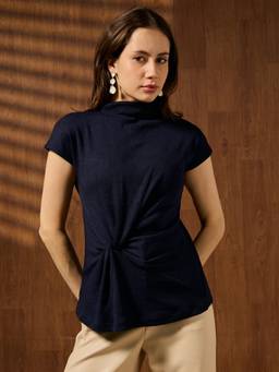 Globus - Women Navy Blue High Neck Rib Knitted Top