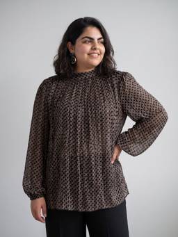 Globus - Gloplus Black Tie-Up Neck Puff Sleeves Printed Plus Size Top