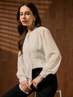 Globus - Women White Mandarin Collar Cuffed Sleeves Pleated Shirt