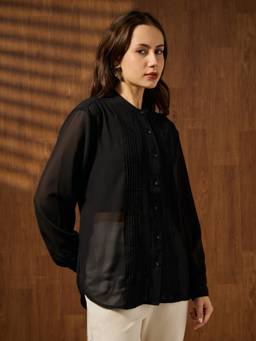 Globus - Women Black Mandarin Collar Cuffed Sleeves Pleated Shirt