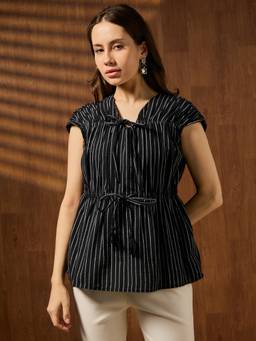 Globus - Women Black V-Neck Extended Sleeves Striped Top