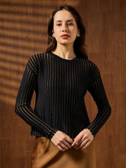Globus - Women Black Round Neck Full Sleeves Party Wear Top