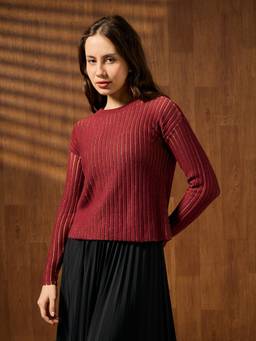 Globus - Women Maroon Round Neck Full Sleeves Party Wear Top