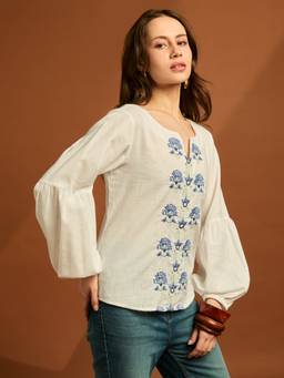 Globus - Women White Round Neck Puff Sleeves Self Embroidered Top
