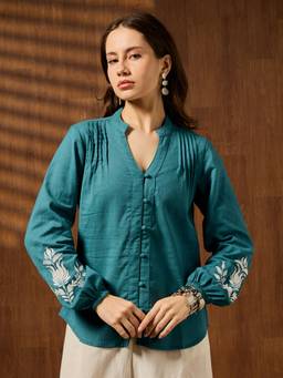 Globus - Women Teal Mandarin V-Neck Embroidered Shirt