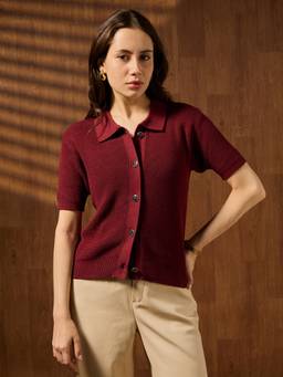 Globus - Women Maroon Collared Neck Short Sleeves Shirt