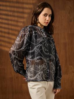 Globus - Women Black Mandarin Collar Smocked Shirt