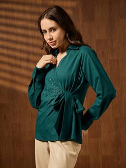 Globus - Women Teal Collared Neck Embellished Tie-Up Shirt
