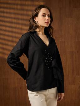 Globus - Women Black Collared Neck Embellished Tie-Up Shirt