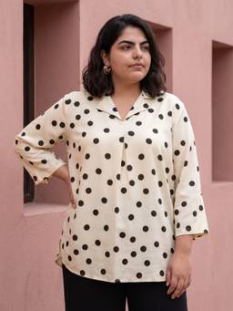 Globus - Gloplus Women Beige Cuban Collar Polka Dot Printed Plus Size Shirt