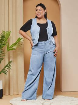 Miss Chase - A+ Curve Collection Plus Size Light Blue Denim Co-Ord Set