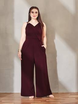 Miss Chase - A+ Curve Collection Plus Size Wine V-Neck Wrap Jumpsuit
