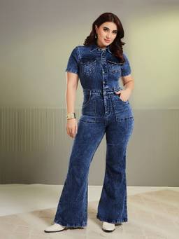 Miss Chase - A+ Curve Collection Plus Size Navy Blue Flared Jumpsuit