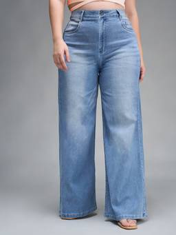 Miss Chase - A+ Curve Collection Plus Size Light Blue Wide Leg Jeans