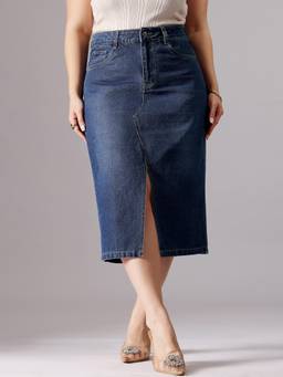 Miss Chase - A+ Curve Collection Plus Size Dark Blue A-Line Midi Skirt