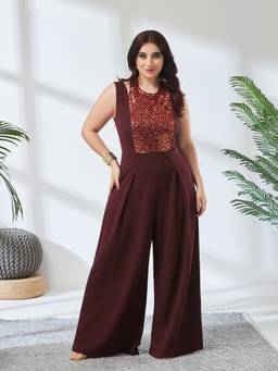 Miss Chase - A+ Curve Collection Plus Size Wine Sequin Wide Leg Jumpsuit