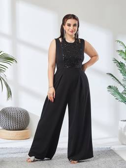Miss Chase - A+ Curve Collection Plus Size Black Sequin Wide Leg Jumpsuit