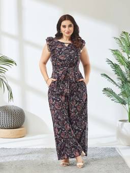 Miss Chase - A+ Curve Collection Plus Size Navy Floral Wide Leg Jumpsuit