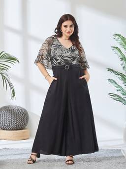 Miss Chase - A+ Curve Collection Plus Size Black Printed Wide Leg Jumpsuit