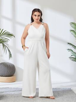 Miss Chase - A+ Curve Collection Plus Size White V-Neck Wrap Jumpsuit