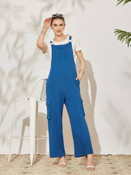 Miss Chase - Women's Blue Solid Polyester Dungaree with T-Shirt