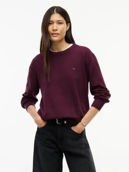 Tommy Hilfiger - Oversized Fit Wine Cotton Crew Neck Sweatshirt