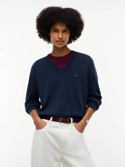 Tommy Hilfiger - Oversized Fit Blue Cotton V-Neck Sweatshirt