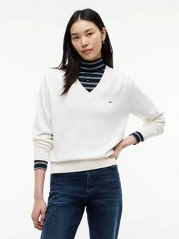 Tommy Hilfiger - Oversized Fit White Cotton V-Neck Sweatshirt
