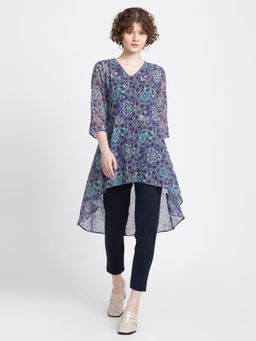 SHAYE - V-Neck Purple Printed Three-Quarter Sleeves Fusion Tunic For Women