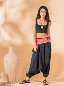 The Veshti Company - Women's Low crotch Loose Baggy Striped Harem Pants -Black