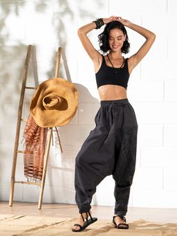 The Veshti Company - Women's Cotton Loose Baggy Printed Harem Pants -Black - Tribal Stone