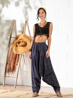 The Veshti Company - Women's Cotton Loose Baggy Printed Harem Pants -Blue - Tribal Stone