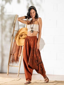 The Veshti Company - Women's Cotton Loose Baggy Printed Harem Pants -Orange - Tribal Stone