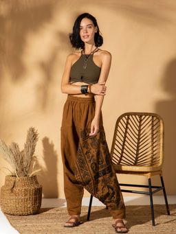 The Veshti Company - Women's Cotton Loose Baggy Printed Harem Pants -Mustard - Tribal Stone