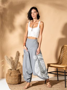 The Veshti Company - Women's Low crotch Loose Boho Harem Pants -Spell Binder Grey-White