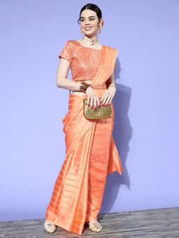 Sareemall - Women's Satin Orange Embellished Belted Sarees with Unstitched Blouse