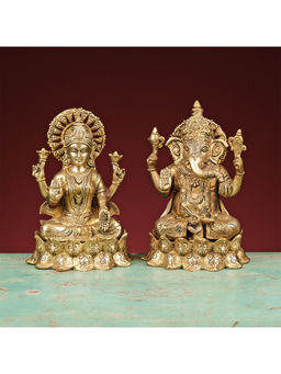 Ekaa Handicrafts - 9" Lakshmi Ganesh Statue On Lotus In Brass