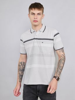 Monte Carlo - Men's Grey Regular Fit Half Sleeve Stripes Polo T-Shirt