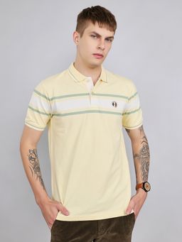 Monte Carlo - Men's Cream Regular Fit Half Sleeve Polo Neck Striped T-Shirt