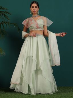Ethnovog - Ready To Wear Green Organza Embroidered Lehenga and Blouse with Dupatta (Set of 3)