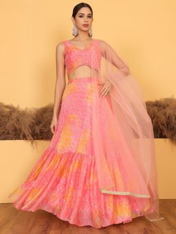 Ethnovog - Ready To Wear Pink Digital Printed Chinon Lehenga and Blouse with Dupatta (Set of 3)