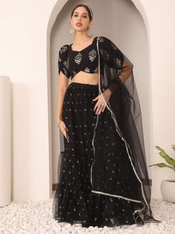 Ethnovog - Ready To Wear Black Georgette Embroidered Lehenga and Blouse with Dupatta (Set of 3)
