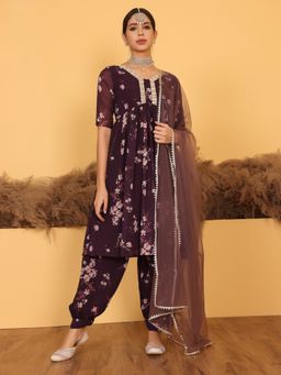 Ethnovog - Ready To Wear Purple Georgette Printed Kurta and Salwar with Dupatta (Set of 3)