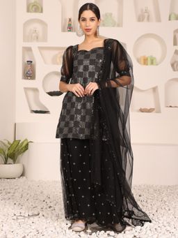 Ethnovog - Ready To Wear Black Embroidered Kurta and Palazzo with Dupatta (Set of 3)