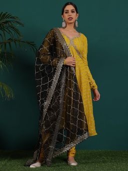 Ethnovog - Ready To Wear Mustard Embroidered Anarkali Kurta and Churidar with Dupatta (Set of 3)