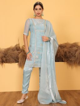 Ethnovog - Ready To Wear Blue Embroidered Kurta and Pant with Dupatta (Set of 3)