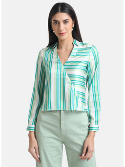 Kazo - Green Stripe Play Satin Top With V Neck & Collar