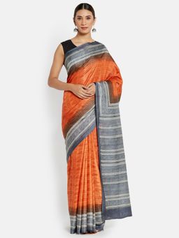 Fabindia - Orange Silk Printed Saree without Blouse
