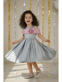 Mini Stitch - Satin Sleeveless Box Pleated Party Frock- Grey