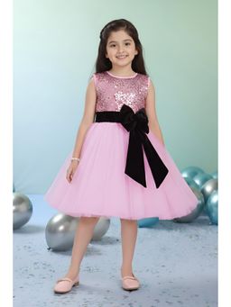 Mini Stitch - Sleeveless Sequence Body With Black Bow Party Frock- Pink